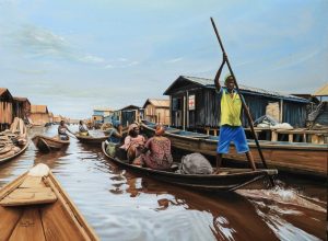 Earth color painting of passengers commuting by canoe by isimi taiwo