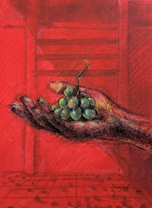 The Hand That Chooses red painting of a hand holding a bunch of green grapes