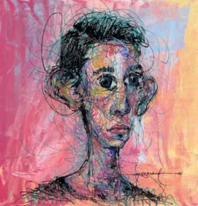 The Listener #2 portrait of male with big ears on red background suitable for Small space