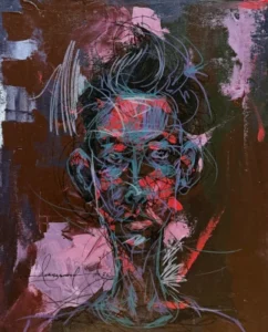 The Listner Portrait on a purple background suitable for a small space