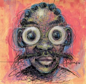 The Narrator painting of a narrator wearing white glasses suitable for a small room