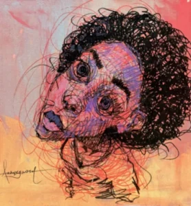 red small portrait painting of a female with Afro hair