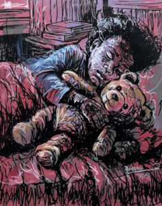 Held by Comfort young girl in bed cuddingly a teddy in her sleep