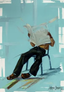 Blue energized painting of man reading news paper