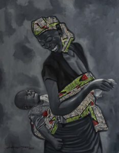 African woman backing a bay boy with a smile