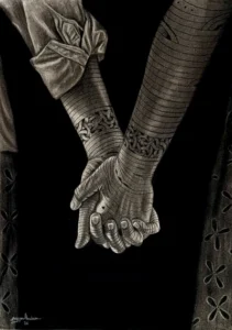 Two hands of opposite gender created in black and white on paper