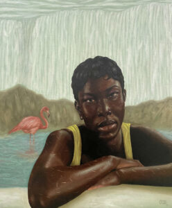 Flamingo in the background of a painting in pastel color